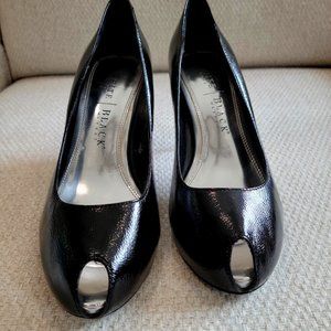 White House Black Market black leather open toe pump, 7 1/2 M, 3" heel